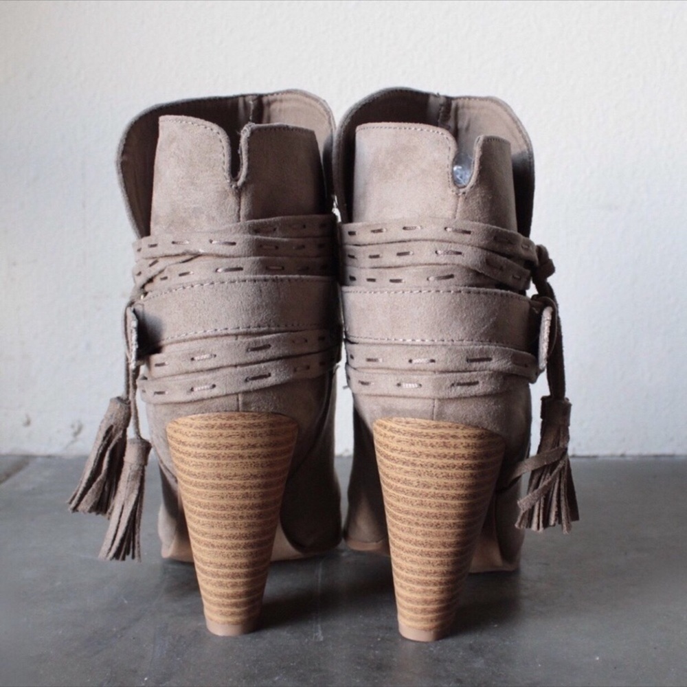 Taupe Suede Ankle Bootie Tassel Buckle Block Heel - Picture 3 of 4